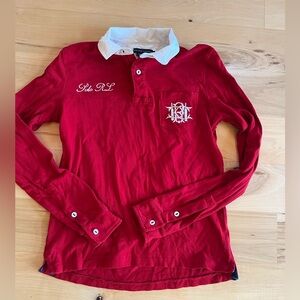 Ralph Lauren Red Long Sleeve Polo Rugby Shirt White Collar Pocket large